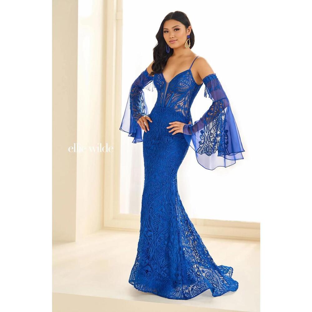 Ellie Wilde Royal Blue Lace Mermaid Gown  Sheer Bell Sleeves Open Back EW36030